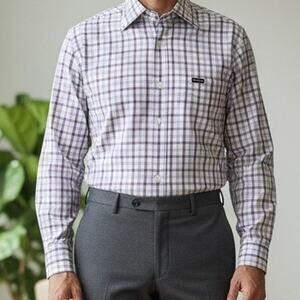 FACONNABLE Dress Shirt Purple Check Men L Collar stays Long Sleeve Vintage